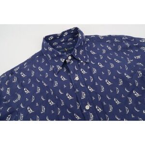 Ralph Lauren Men's Small Button Down Navy Blue Anchor Nautical Cotton Shirt‎